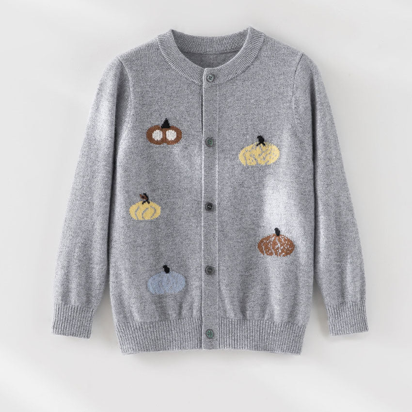 Damen Strickjacke mit Intarsia-Kürbismotiven, Rundhalsausschnitt und Knopfleiste Drune
