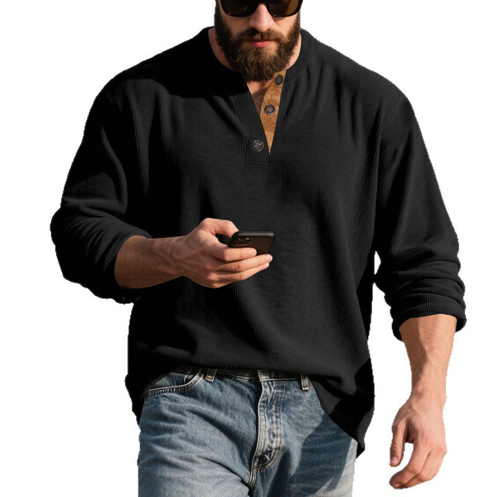 Herren nan langärmeliges Henleyshirt aus strukturierter Baumwollmischung mit Zierknopfleiste Drune