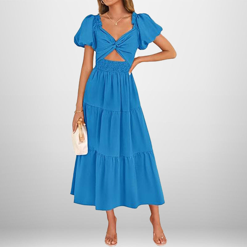 Damen Midi-Kleid mit floralem Twist und elastischem Taillengummi Drune
