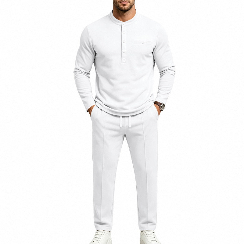 Herren Zweiteiliges Freizeitset mit Henley-Langarmshirt, Stehkragen und Komfort-Jogginghose Drune