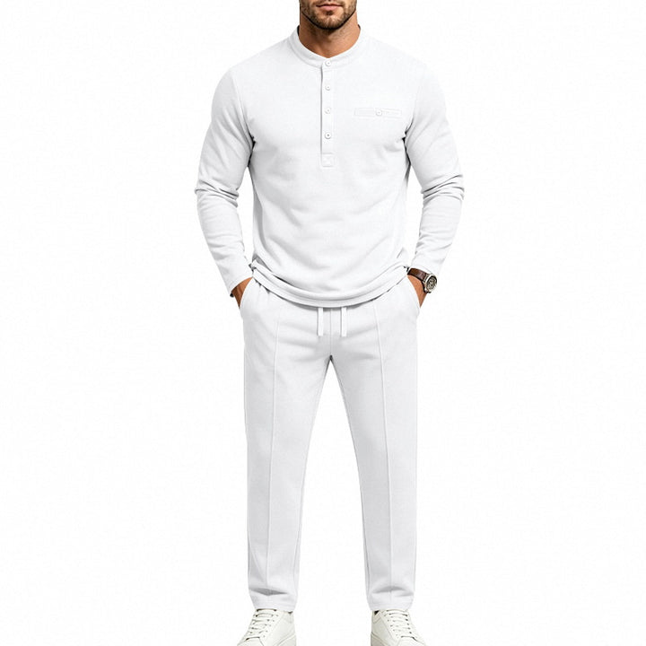 Herren Zweiteiliges Freizeitset mit Henley-Langarmshirt, Stehkragen und Komfort-Jogginghose Drune