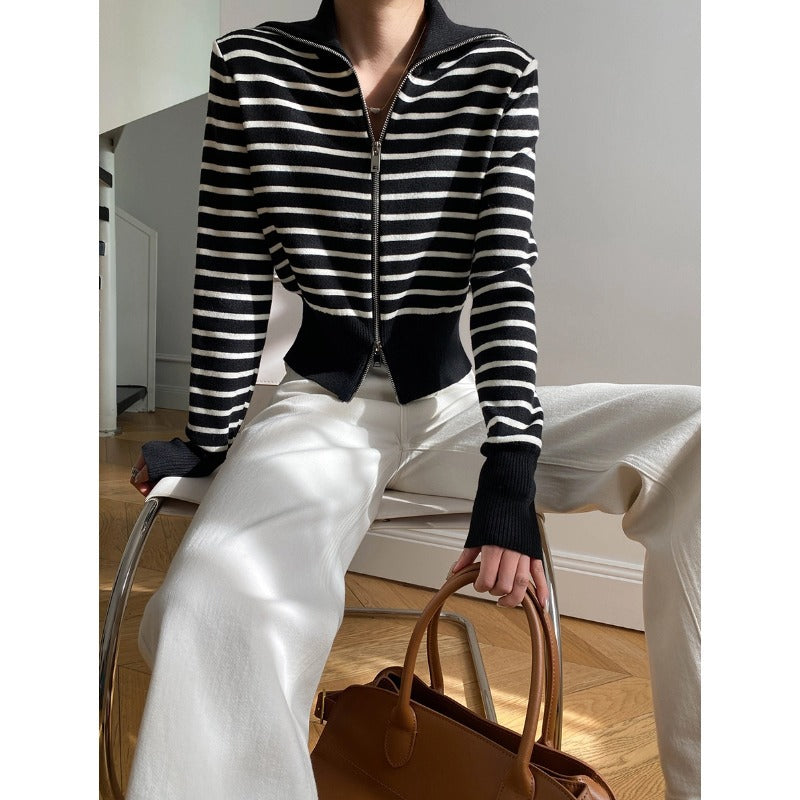 Damen gestreifter Zip-Pullover mit hochgeschlossenem Kragen Drune