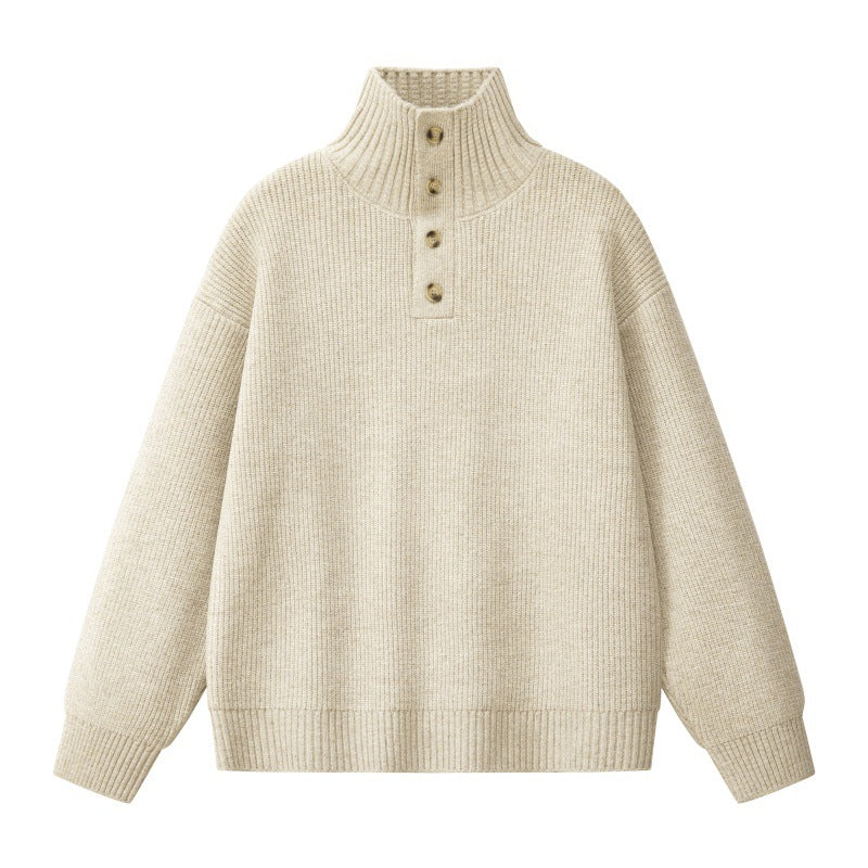 Damen Oversize Grobstrick-Pullover mit Knopfleiste am Stehkragen und Raglanärmeln Drune