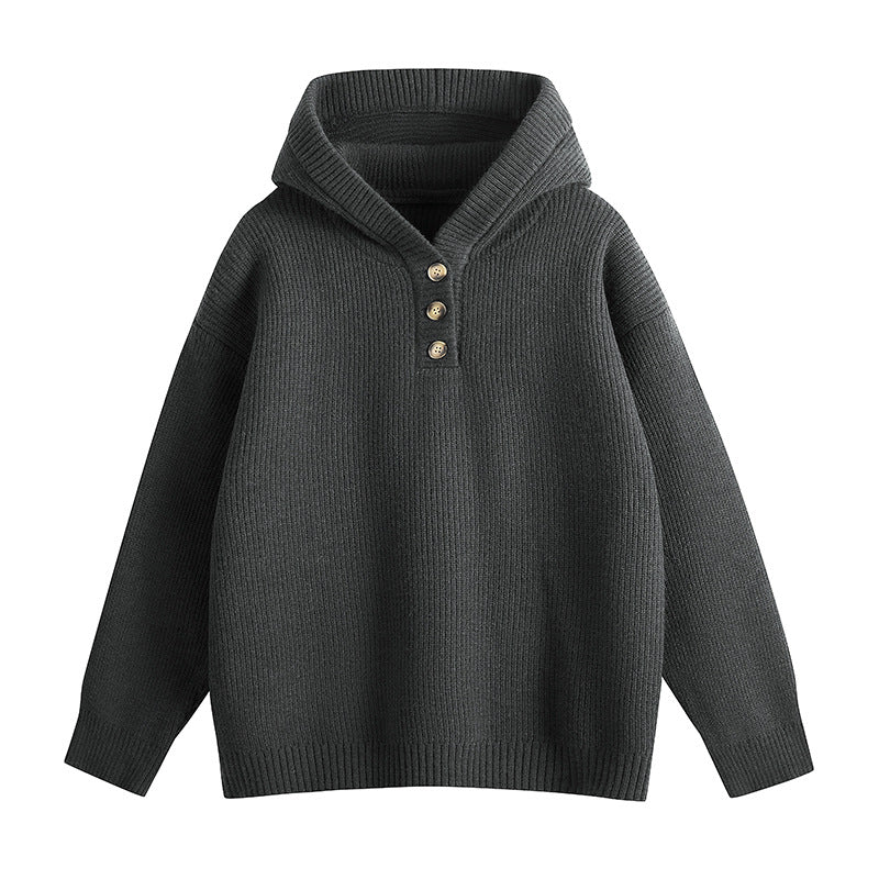 Damen Relaxed Kapuzenpullover aus geripptem Strick mit Halbsteg-Knopfleiste Drune