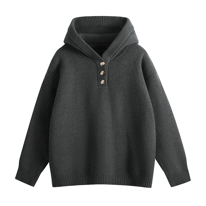 Damen Relaxed Kapuzenpullover aus geripptem Strick mit Halbsteg-Knopfleiste Drune