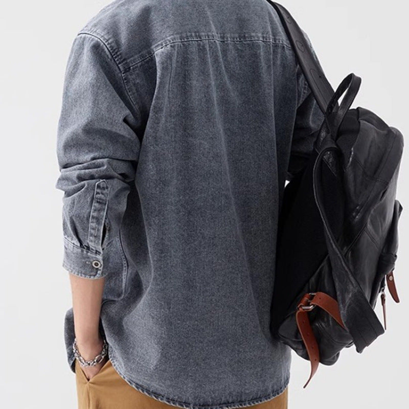 Herren lässige Denim-Hemdjacke mit aufgesetzter Tasche Drune