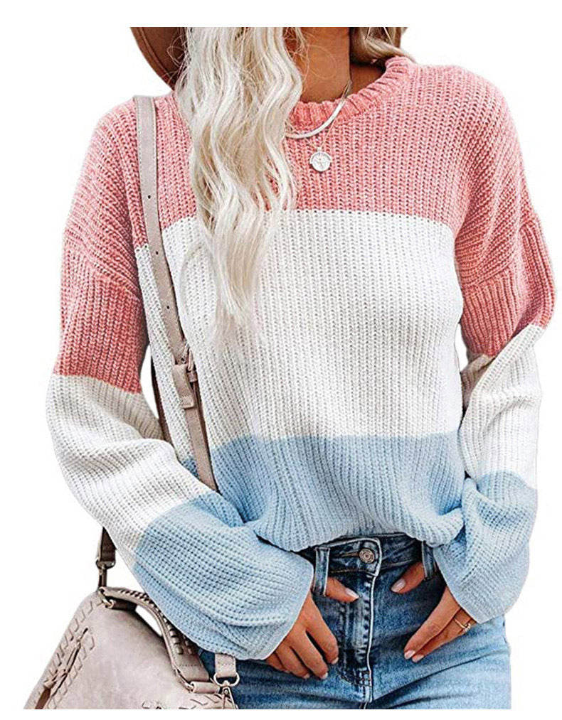 Damen Oversize Colorblock Strickpullover mit Ballonärmeln Drune