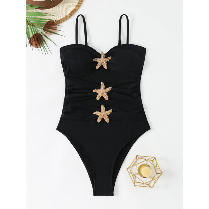 Damen eleganter Badeanzug mit einzigartigem Nackenansatz und glitzernden Sternenapplikationen Drune