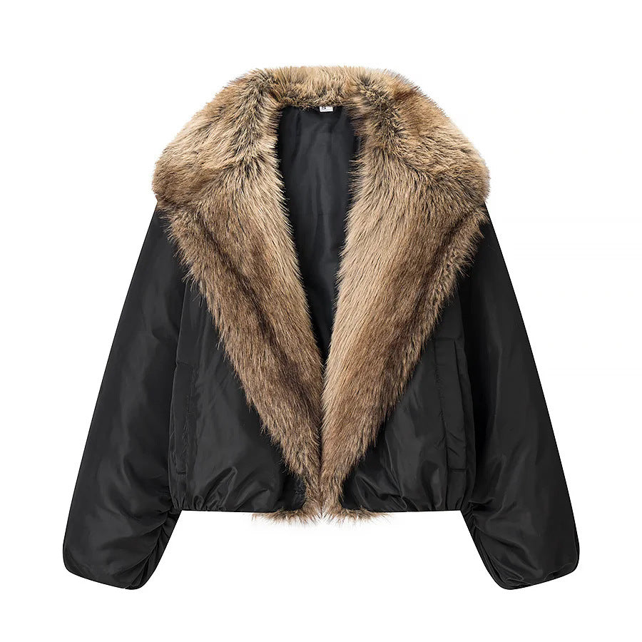 Damen nan cropped Kunstfell-Bomberjacke mit voluminösem Schalkragen und elastischem Saum Drune