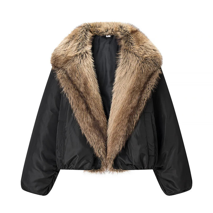 Damen nan cropped Kunstfell-Bomberjacke mit voluminösem Schalkragen und elastischem Saum Drune