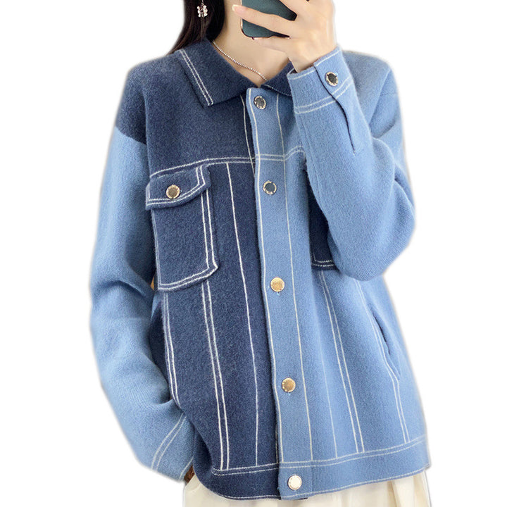 Damen Oversize-Strickjacke im Jeansjacken‑Look mit kontrastierenden Nahtdetails und Brusttasche Drune