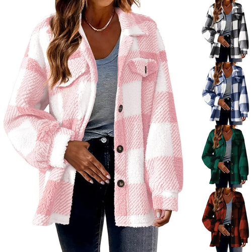 Damen Kuschelige Karodesign Jacke mit Knöpfen und Brusttasche Drune