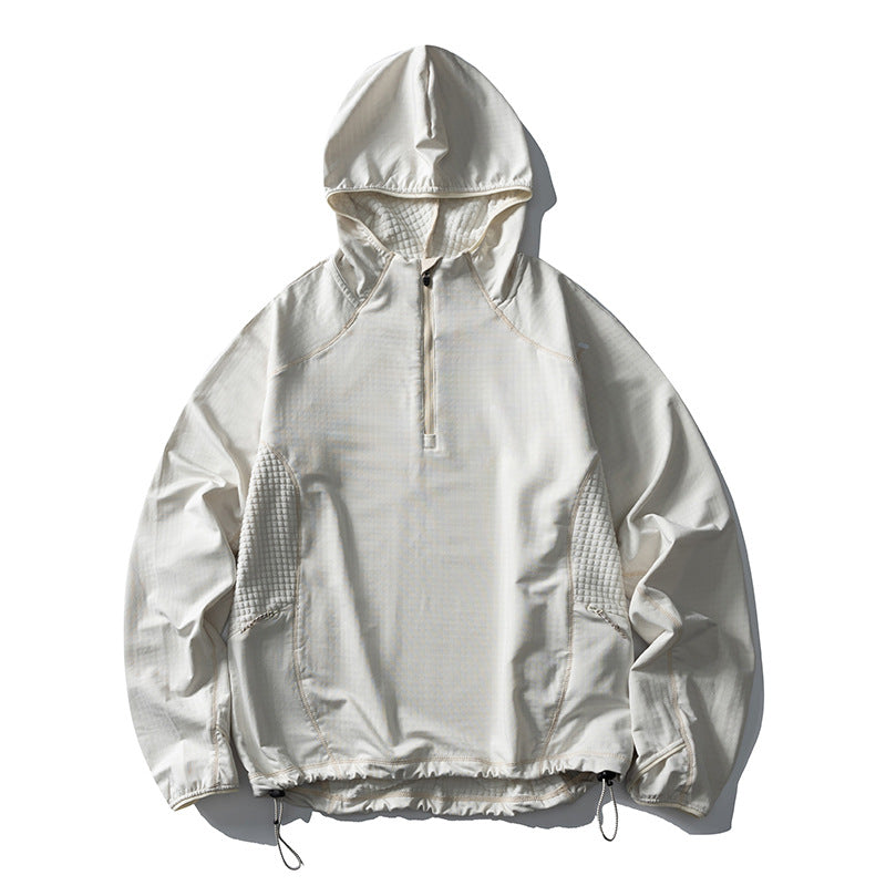 Unisex Leichter Oversize Kapuzenpullover mit Halbzip, gesteppte Einsätze und Tunnelzug Drune