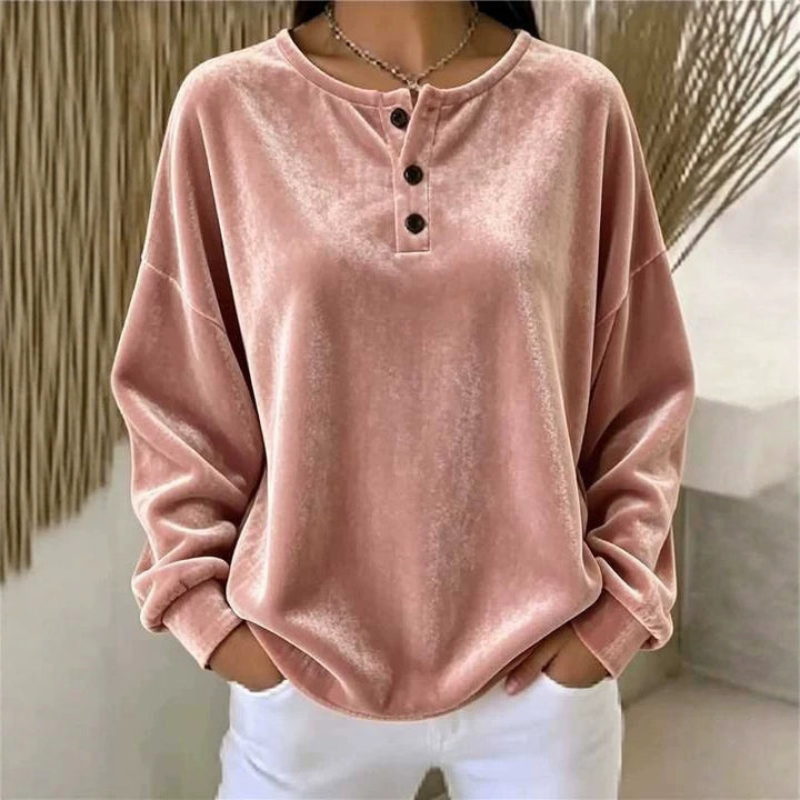 Damen Lässiges Oversize Samt-Henleyshirt mit Knopfleiste Drune