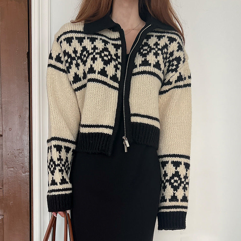 Damen Strickjacke mit floralem Muster und hoher Kragen Drune