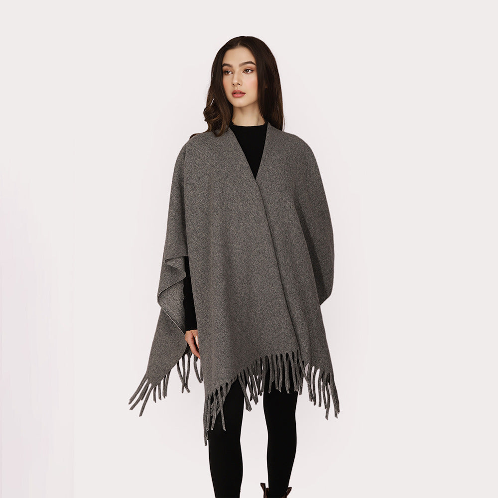 Damen Kaschmir‑Optik Capeponcho mit Fransen und offenem Oversize‑Schnitt Drune