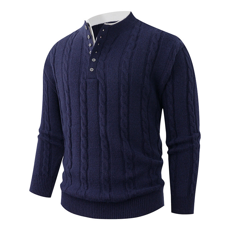Herren Strukturierter Zopfstrick-Pullover mit Knopfleiste und Stehkragen Drune