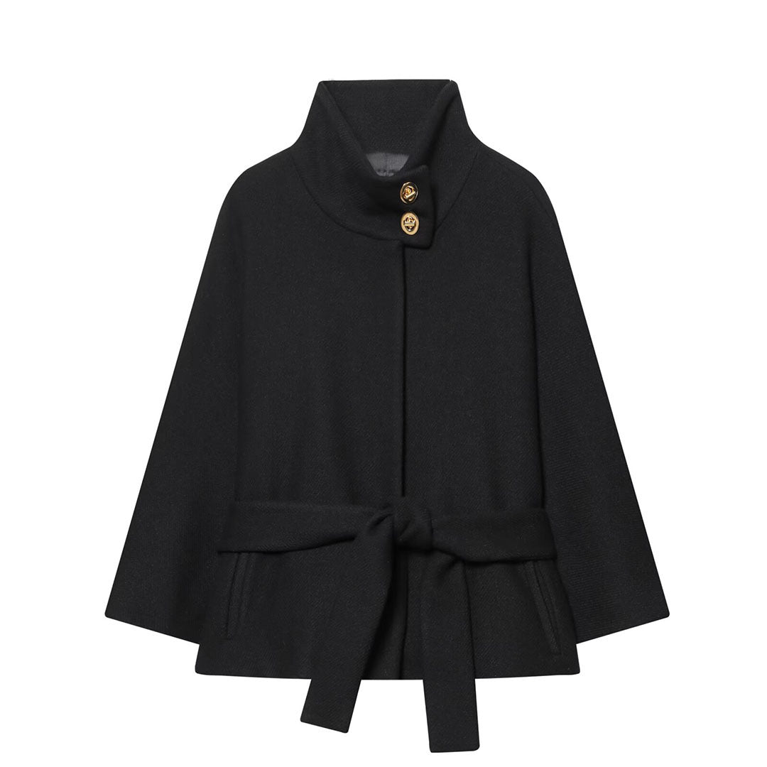 Damen Cape-Mantel mit Stehkragen, Bindegürtel und dekorativen Zierknöpfen Drune