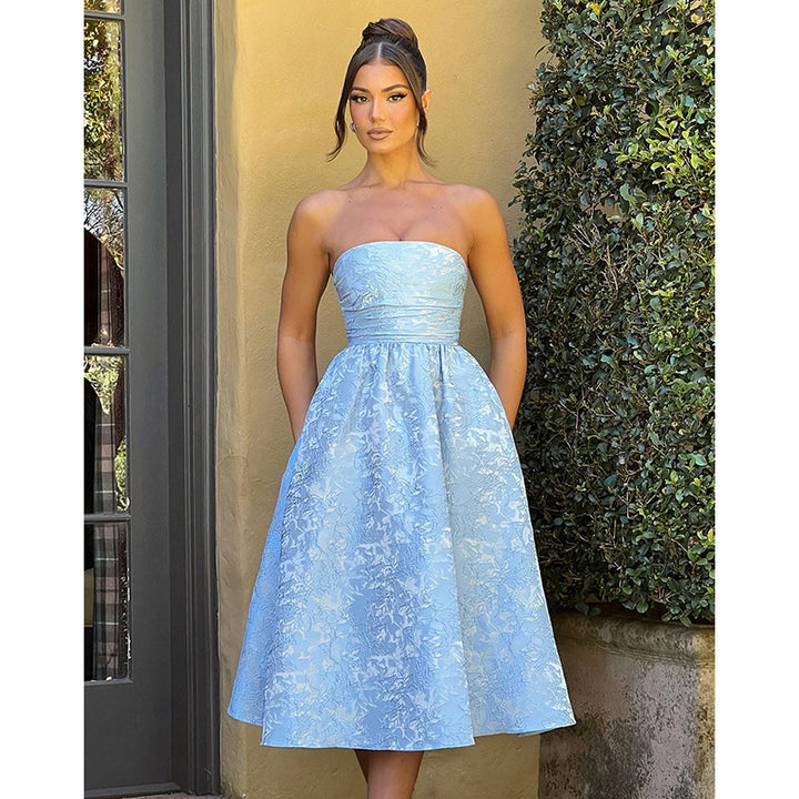 Damen schulterfreies A-Linien Kleid mit luxuriösem Blumenmuster Drune