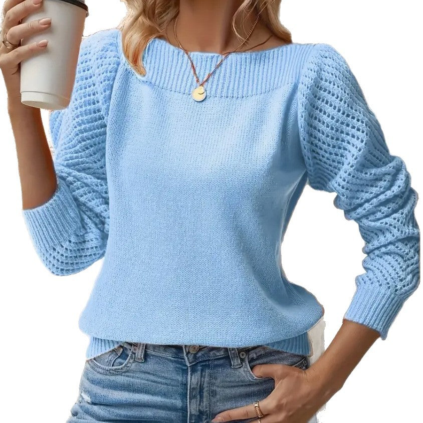 Damen nan feiner Strickpullover mit Ajour- Puffärmeln und U-Boot-Ausschnitt Drune