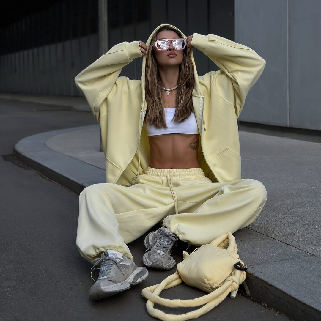 Damen bequeme und lässige Kapuzenjacke mit weitem Schnitt und passenden Jogginghosen Drune