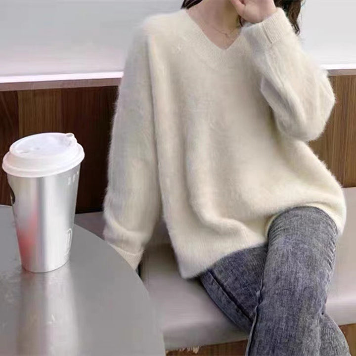 Damen Flauschiger V-Ausschnitt Pullover aus Mohair Drune