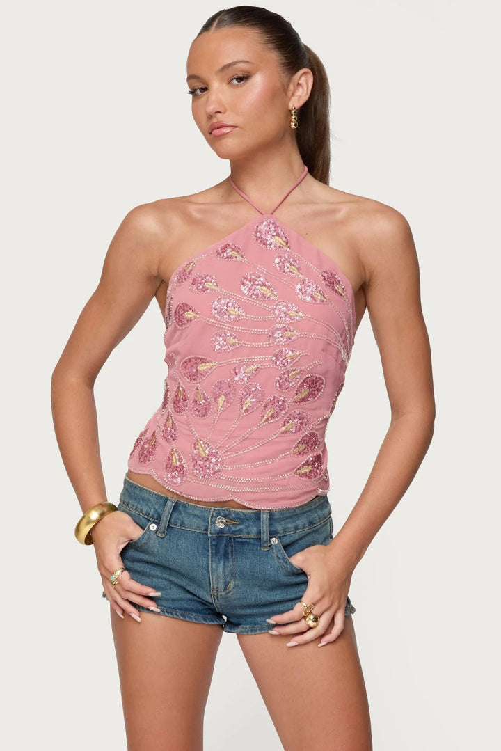Damen Glitzerndes Halboberteil mit floralen Pailletten und feinen Trägern Drune