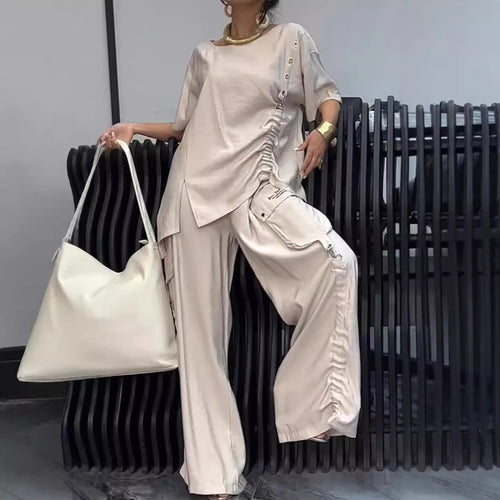 Damen nan legeres zweiteiliges Set mit übergroßem Rundhals-Shirt, seitlicher Raffung und weiter Cargo-Hose Drune