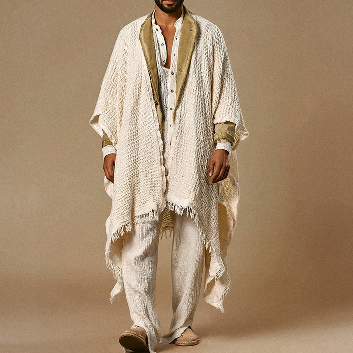 Herren weit geschnittener Baumwoll-Leinen Poncho mit Fransen und offener Front Drune