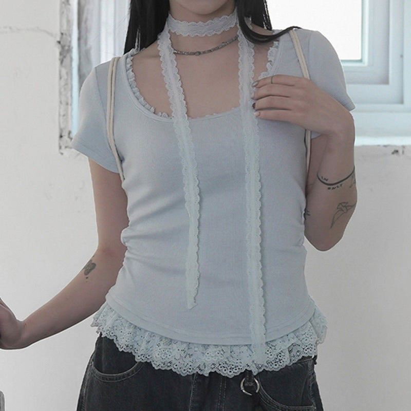 Damen feines Rüschenshirt mit Spaghettiträgern und zartem Spitzenbesatz Drune