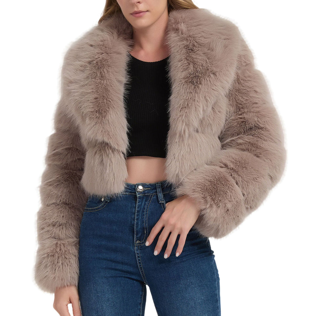 Damen Kurz geschnittene Kunstpelz‑Bolerojacke mit voluminösem Schalkragen Drune