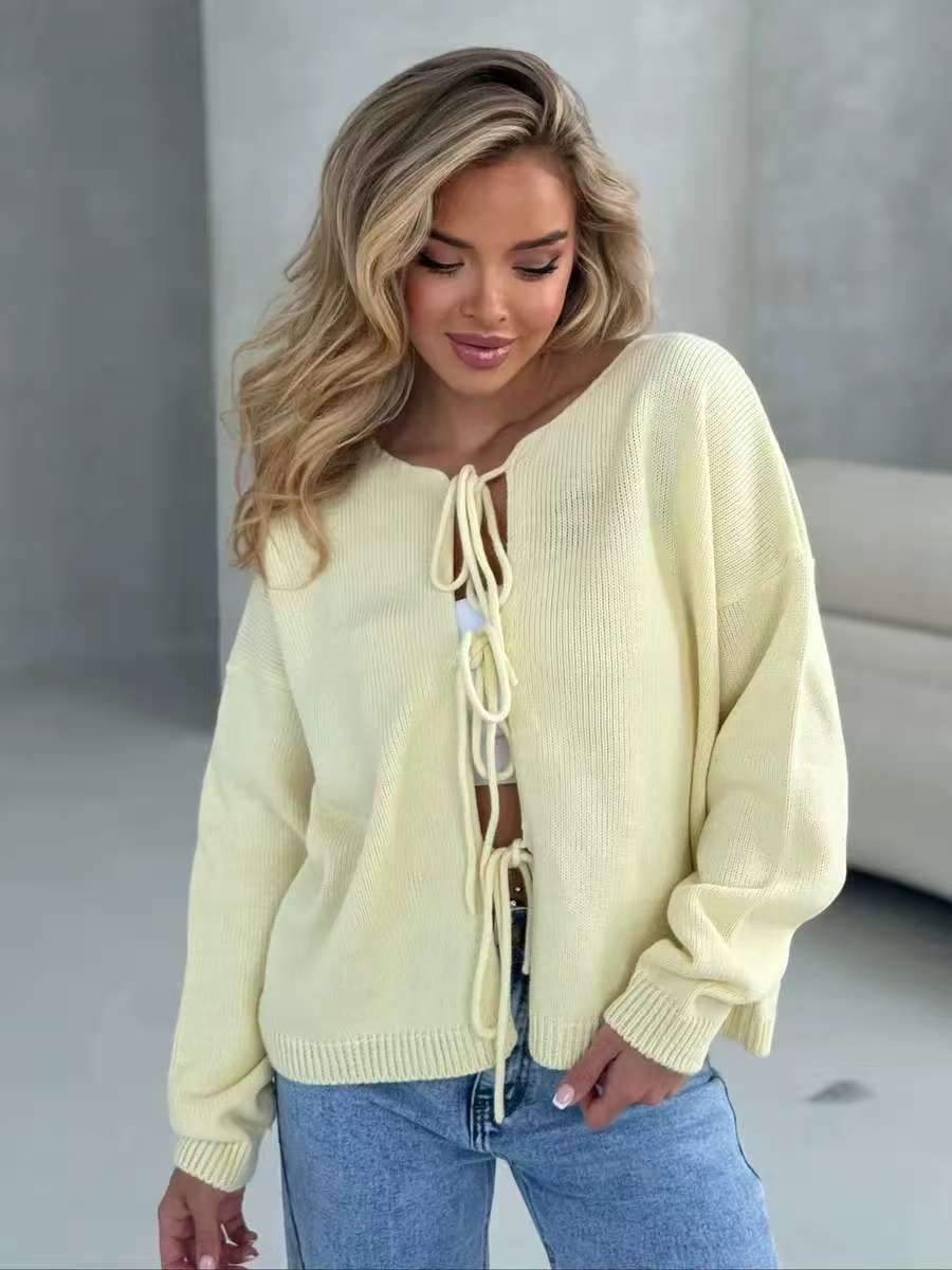 Damen lässiger Strickpullover mit dekorativer Schnürung und weitem Schnitt Drune