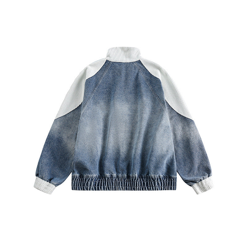Unisex Boxy-Jeansjacke im Patchwork-Look mit Stehkragen und Reißverschluss Drune