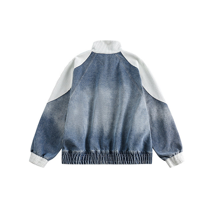 Unisex Boxy-Jeansjacke im Patchwork-Look mit Stehkragen und Reißverschluss Drune