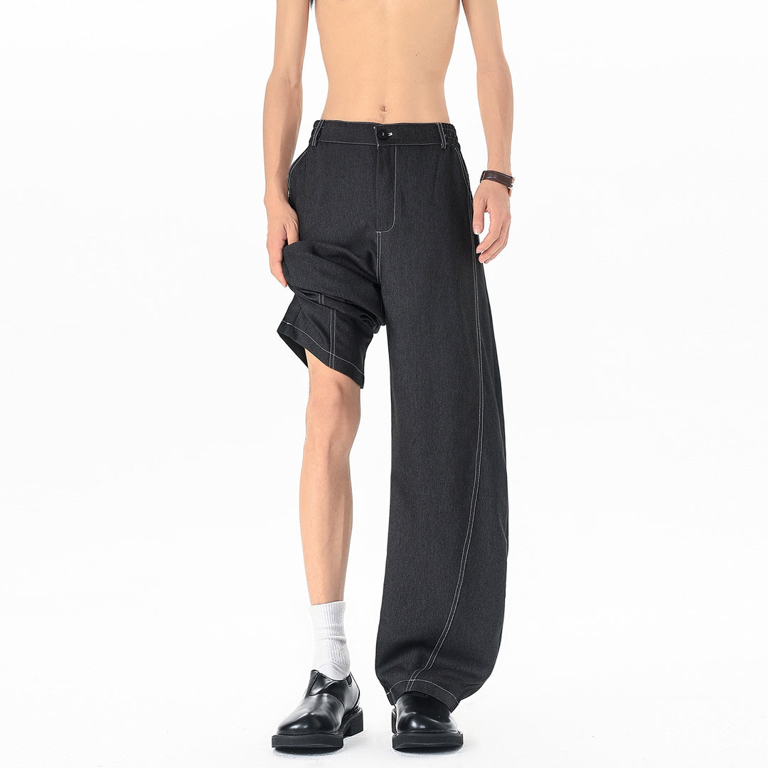 Herren Asymmetrische Zweilagen-Jeanshose mit einer Shorts- und einer Wide‑Leg‑Seite Drune