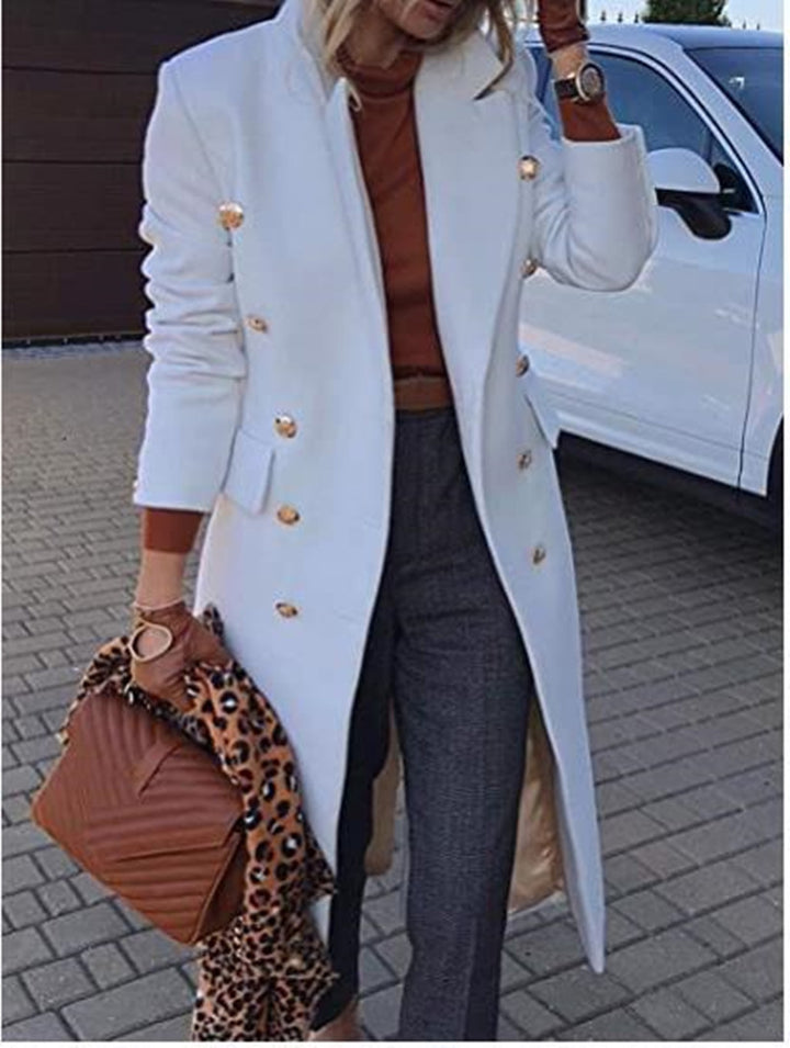 Damen Eleganter Langmantel mit doppelter Knopfreihe und goldenen Akzenten Drune