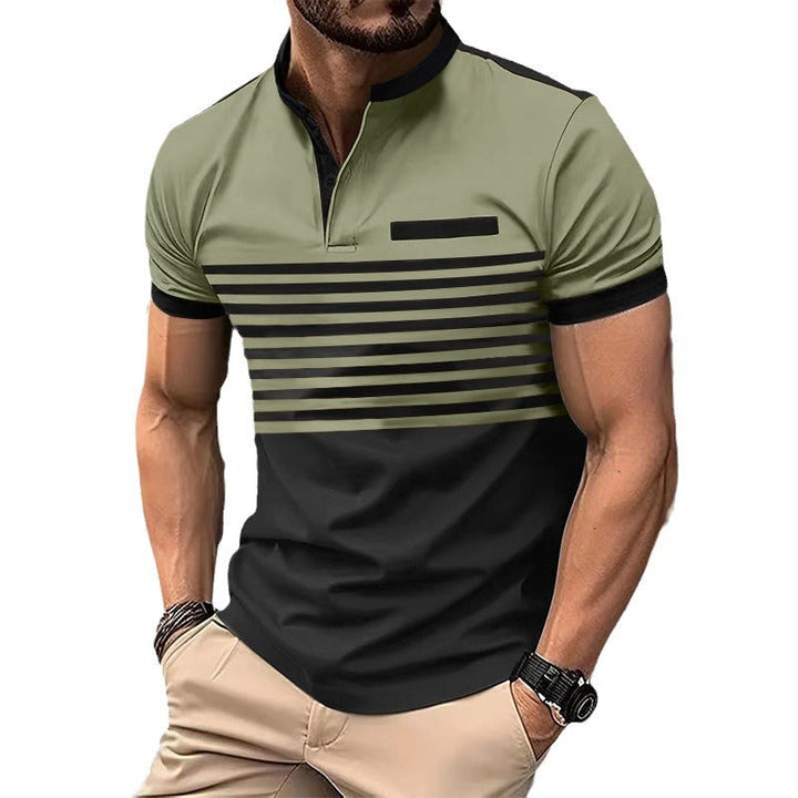 Herren nan kurzärmeliges Streifen-Kurzarmshirt mit Knopfleiste, Stehkragen und Brustpaspel Drune