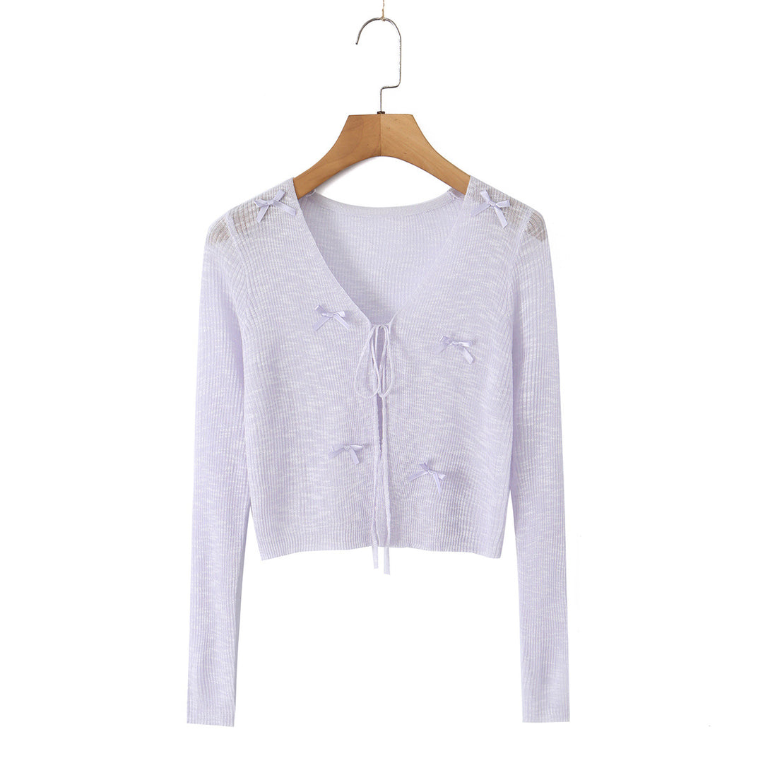 Damen Cropped-Feinstrick-Cardigan mit V-Ausschnitt, Bindeband und Zierschleifen Drune