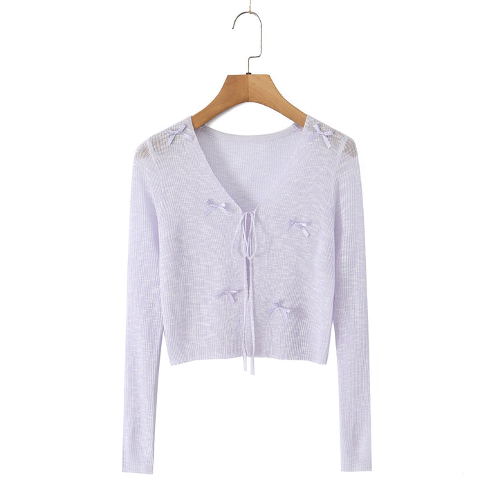 Damen Cropped-Feinstrick-Cardigan mit V-Ausschnitt, Bindeband und Zierschleifen Drune