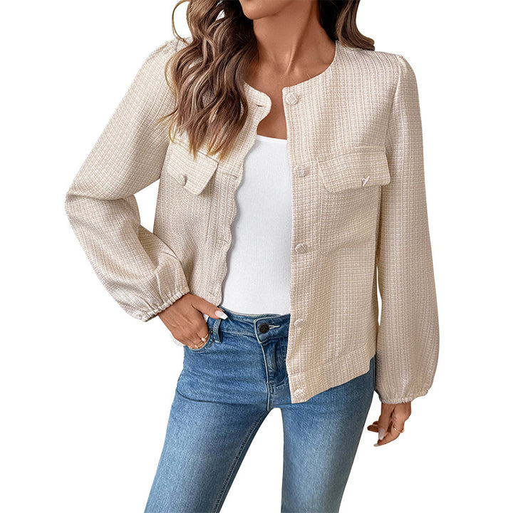 Damen Kurzjacke aus Bouclé‑Struktur mit Rundhals, Pattentaschen & elastischen Bündchen Drune