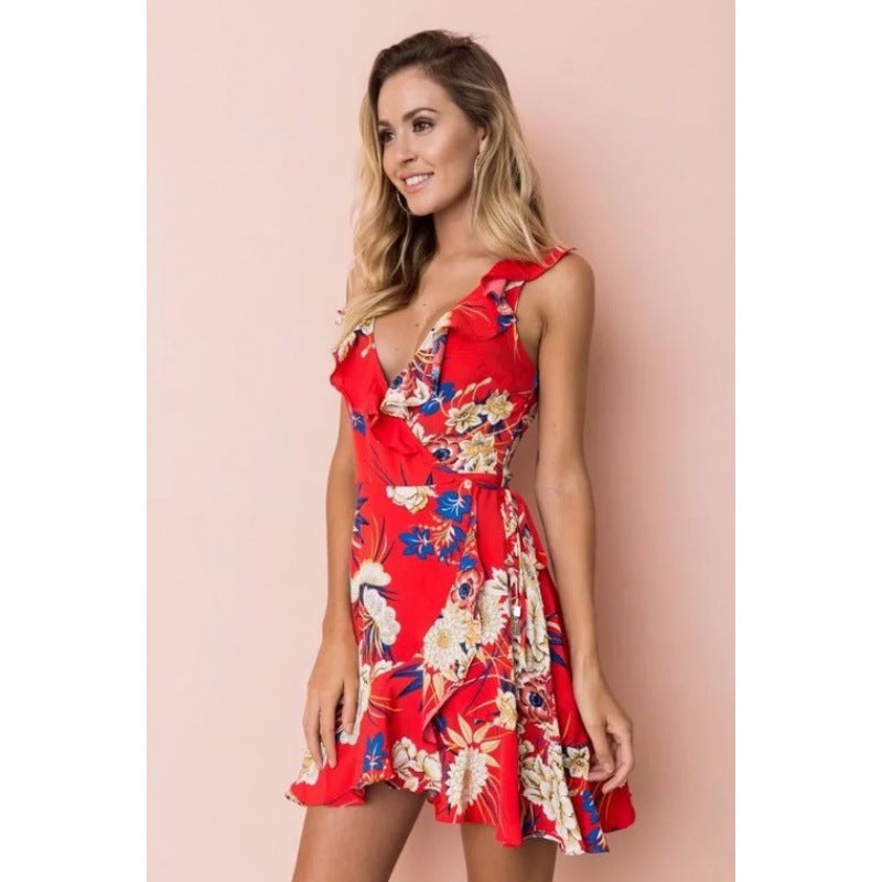Damen Mini-Kleid mit floralem Rüschen-Ausschnitt und taillierter Silhouette Drune