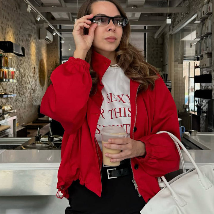 Damen Kurzblouson mit Stehkragen, Knopfverschluss und elastischen Bündchen Drune