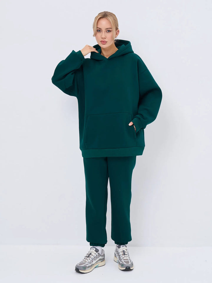 Damen großzügiger Kapuzenpullover Oversize mit Kängurutasche und weichem French-Terry Drune