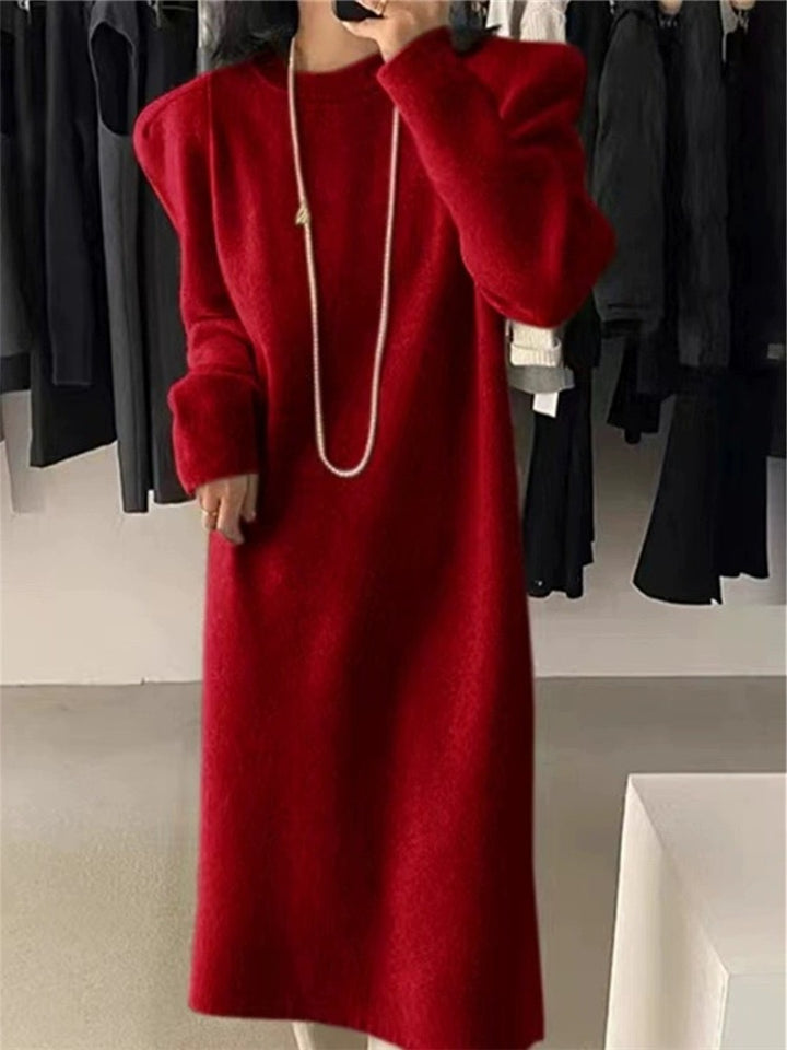 Damen elegantes Strickkleid mit Puffärmeln und Rundhalsausschnitt Drune