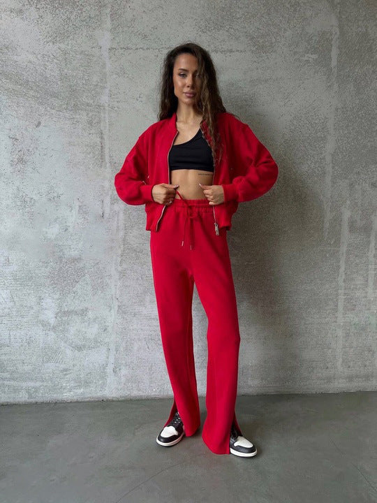 Damen weiches Velours-Zweiteiler mit kurzem Reißverschluss-Bomber und High-Waist-Hose mit Bein-Schlitz Drune