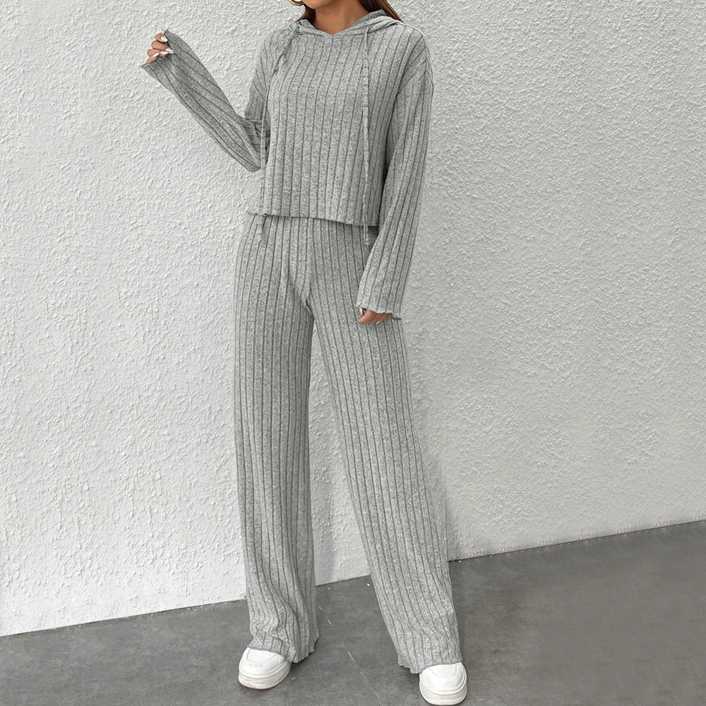Damen geripptes Lounge-Set mit Kapuzenpullover und weiter Highwaist-Hose Drune