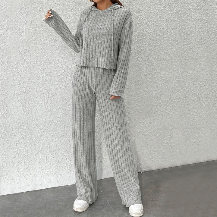 Damen geripptes Lounge-Set mit Kapuzenpullover und weiter Highwaist-Hose Drune