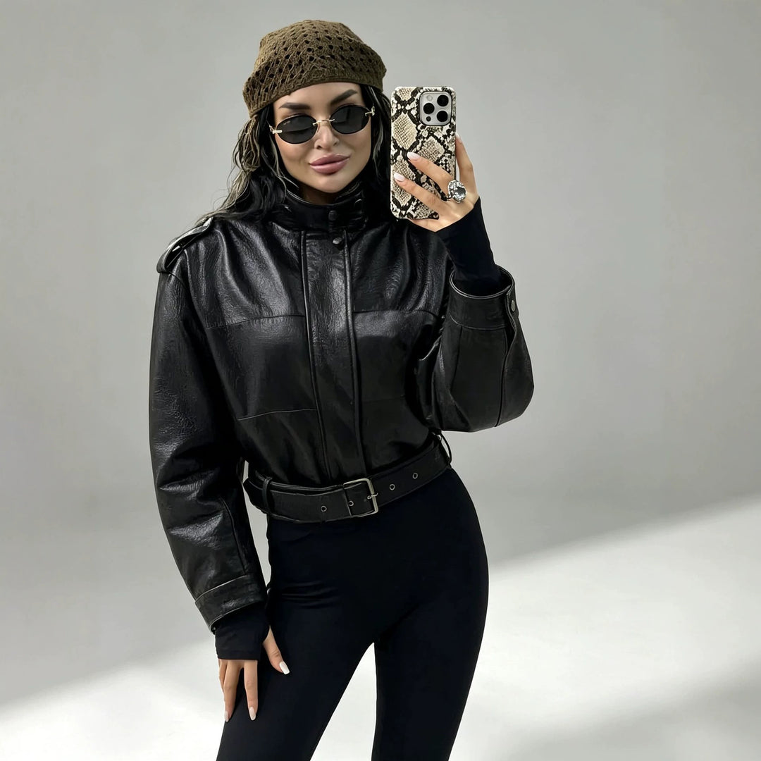 Damen Modische Kunstlederjacke mit Gürtel Drune