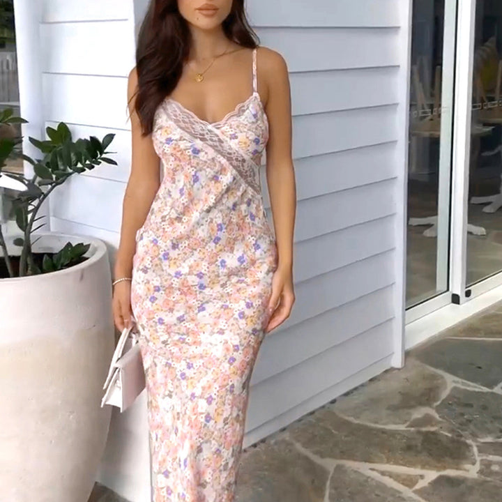 Damen Maxikleid mit zarten Spitzenakzenten und floralem Design Drune