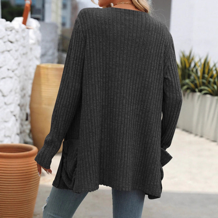 Damen Gerippter Longcardigan mit offenen Kanten, Eingrifftaschen und lockerer Passform Drune